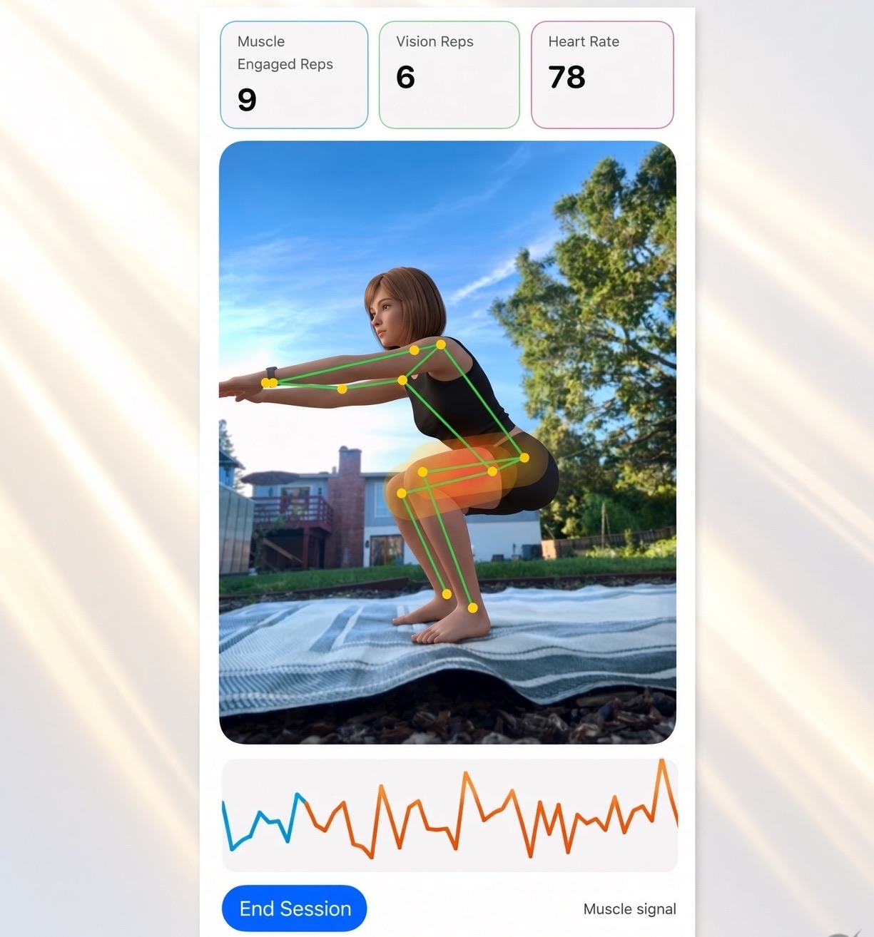 The app tracking a squat in progress with a live pose overlay and muscle signal graph