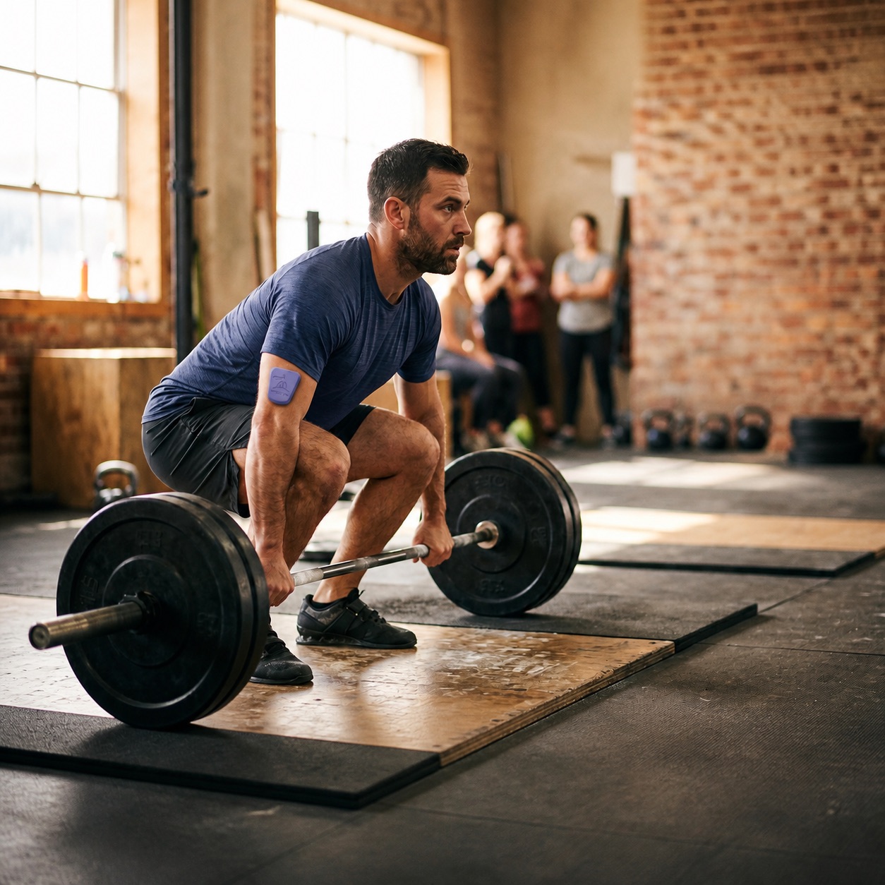 An athlete setting up for a heavy deadlift with a muscle sensor worn on his upper arm