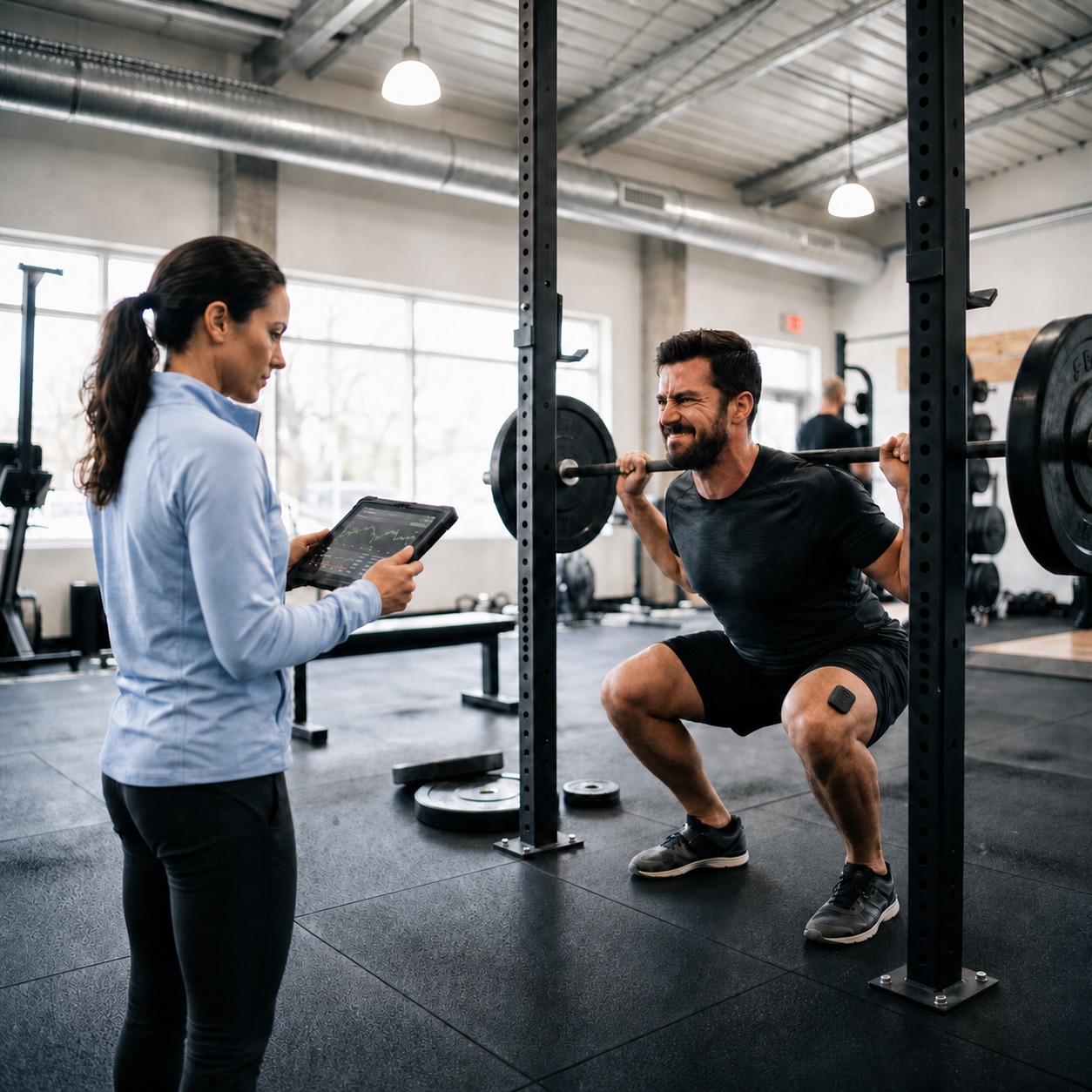 A trainer watches live rep data on a tablet while an athlete back-squats wearing a muscle sensor on his thigh