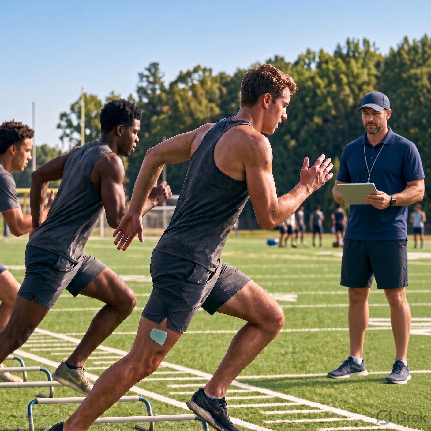 A coach reviews live data on a tablet while athletes wearing a muscle sensor run hurdle drills on a field